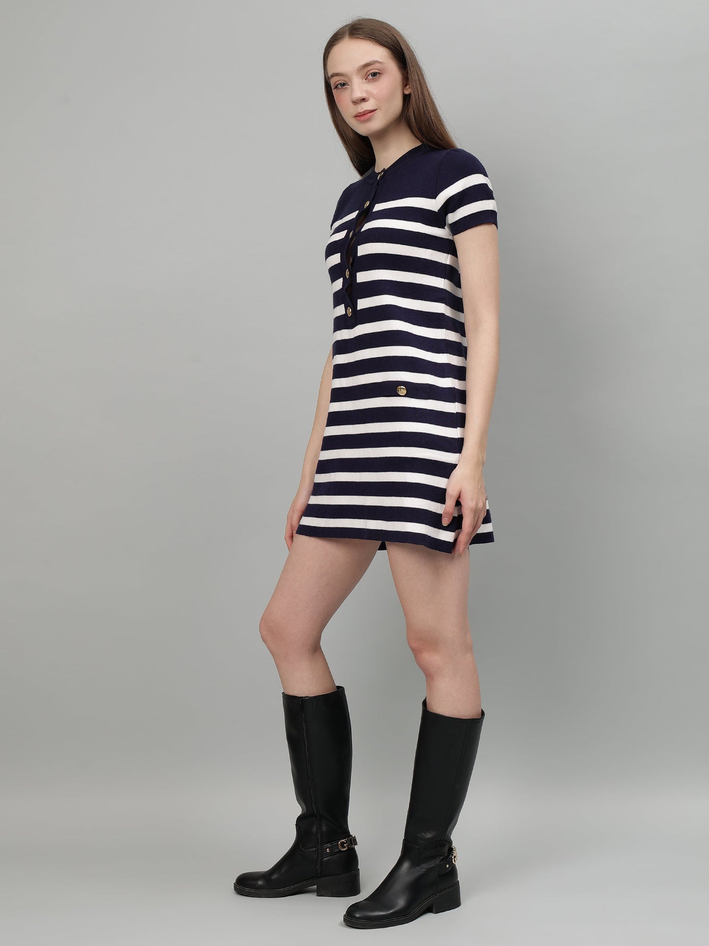 Gaiia Striped Short Sleeve Mini Dress - Navy
