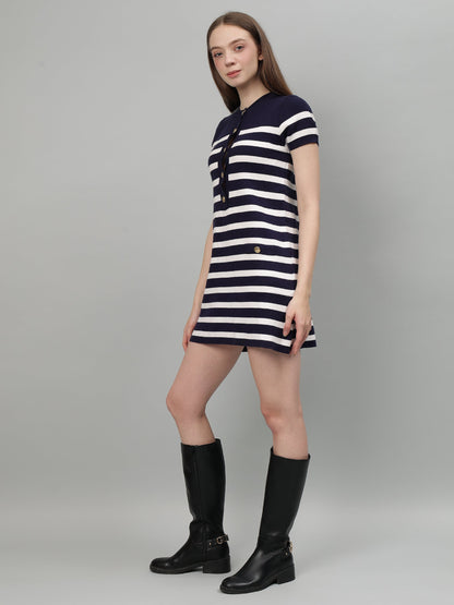 Gaiia Striped Short Sleeve Mini Dress - Navy