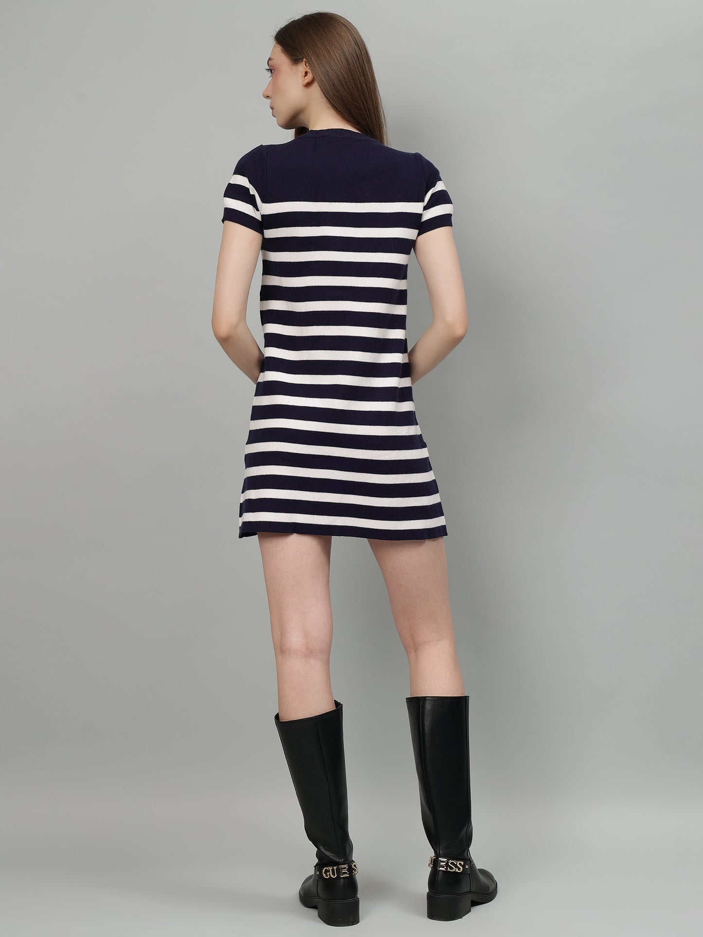Gaiia Striped Short Sleeve Mini Dress - Navy