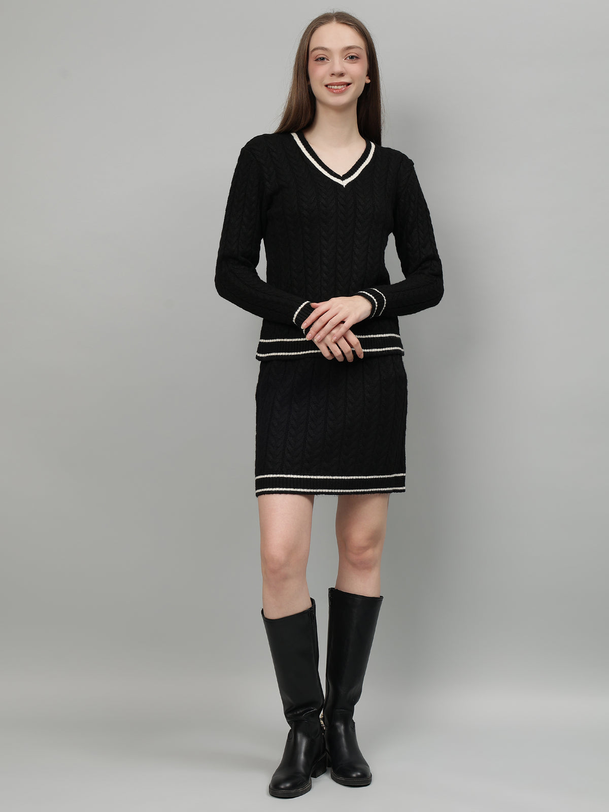 Casual Long Sleeve Sweater Skirt Sets