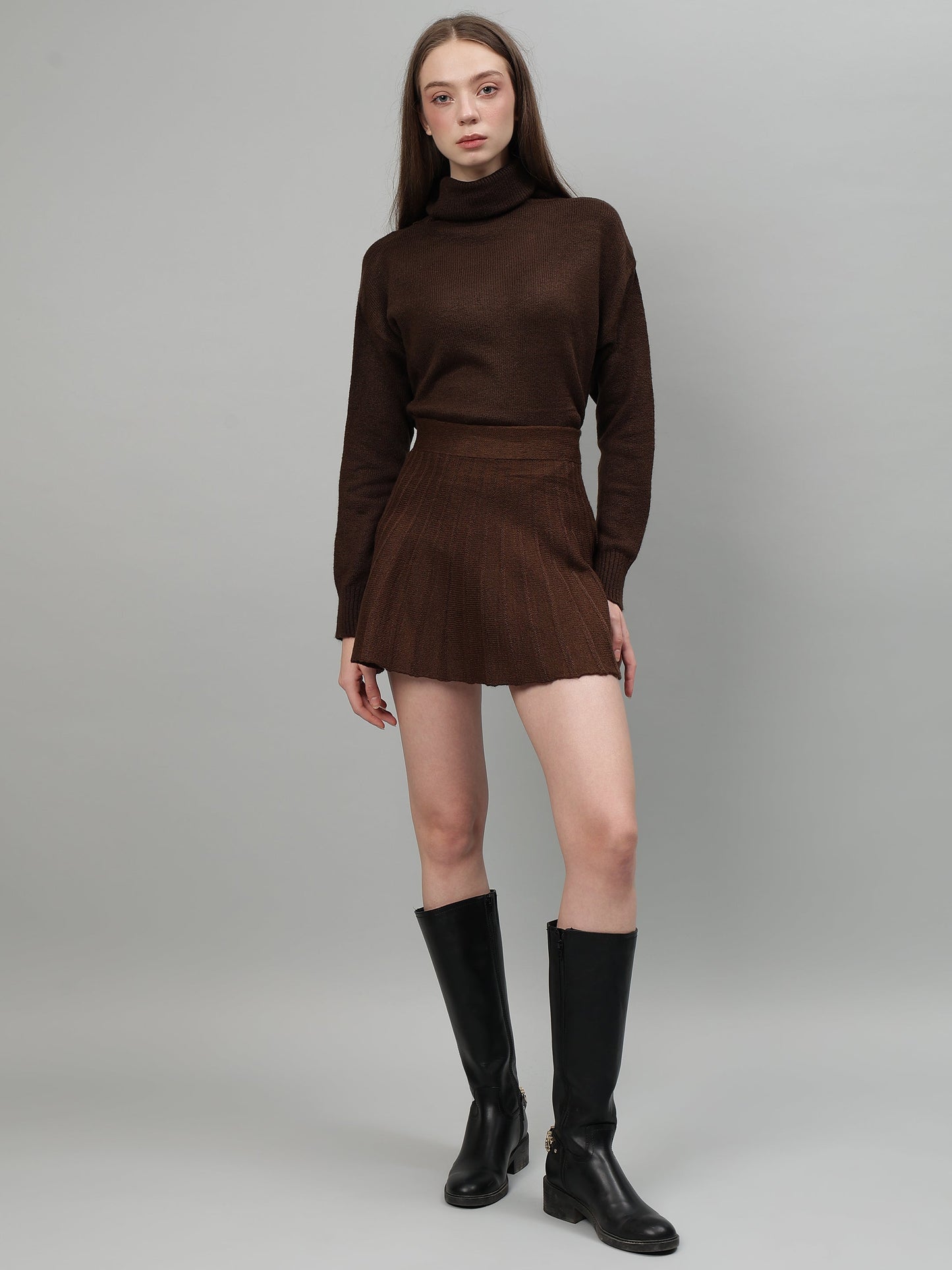 Gaiia Solid High Neck Mini Skirt Co-Ord Set