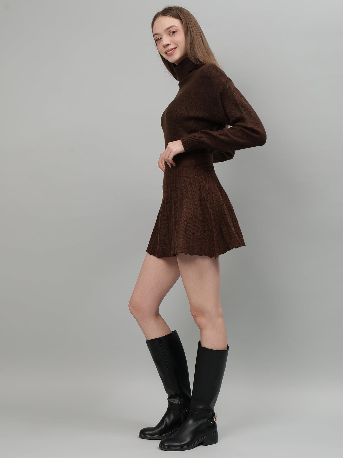 Gaiia Solid High Neck Mini Skirt Co-Ord Set