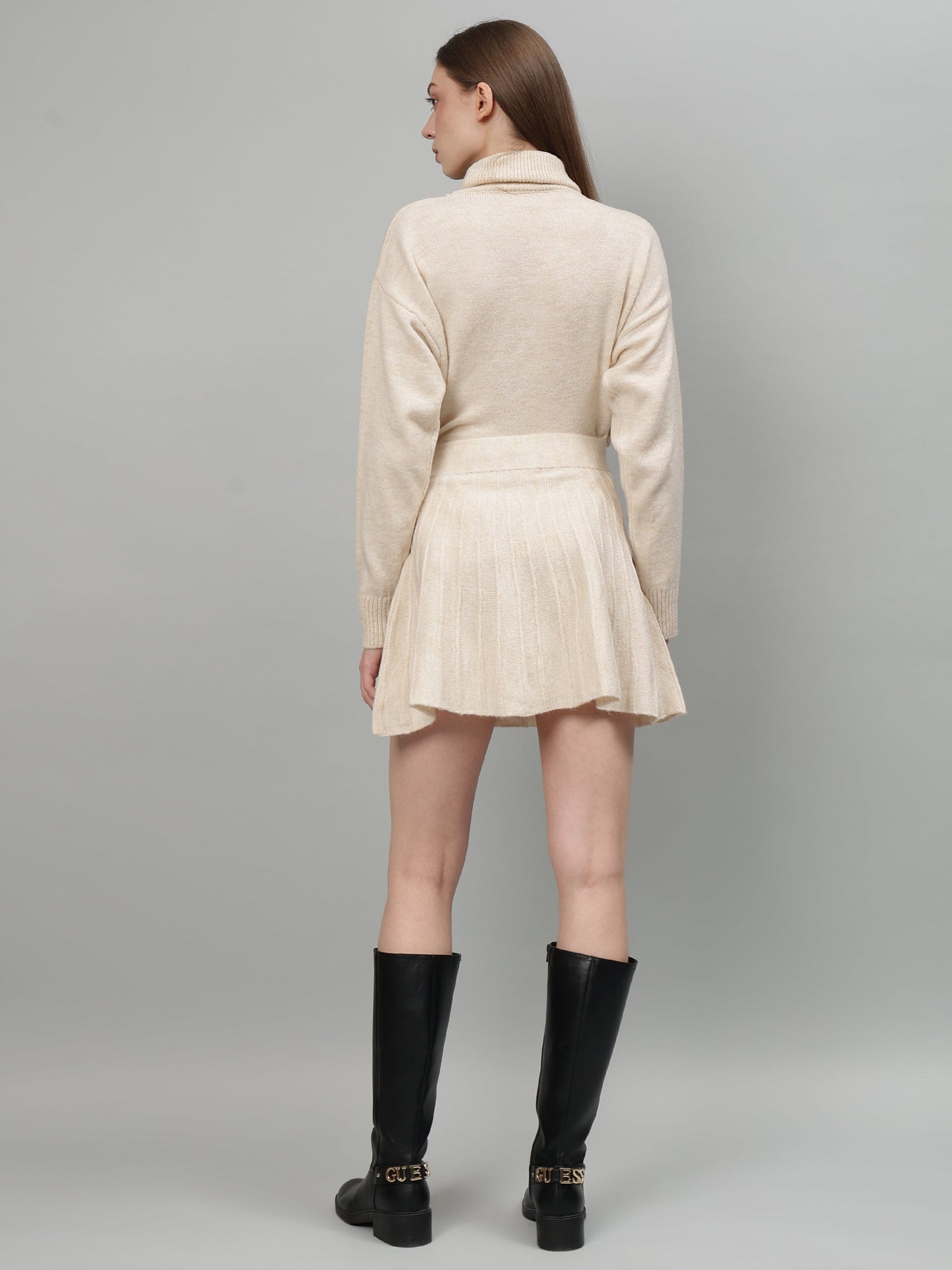 Gaiia Solid High Neck Mini Skirt Co-Ord Set