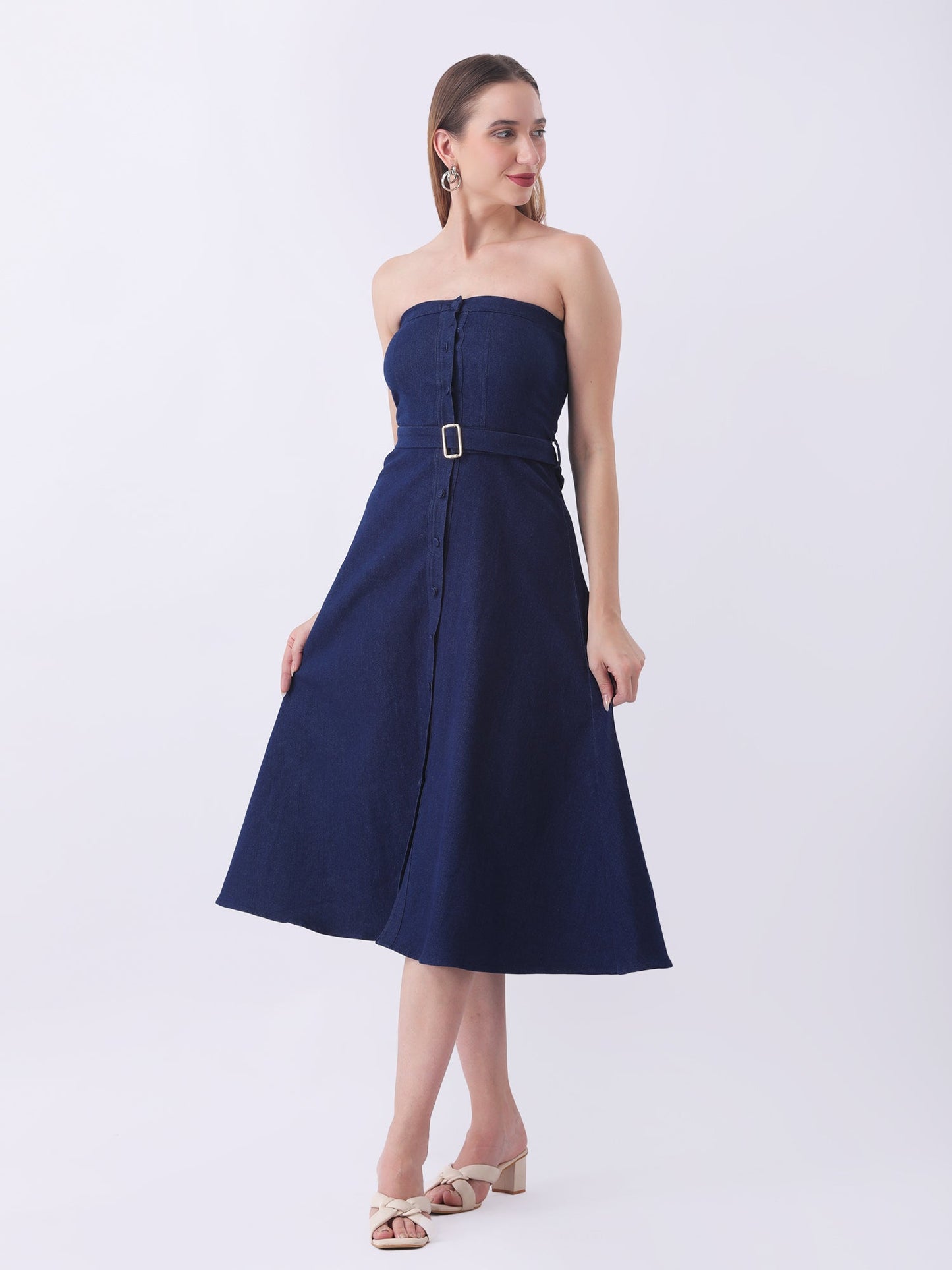 Gaiia Strapless Belted Denim Dress - Navy