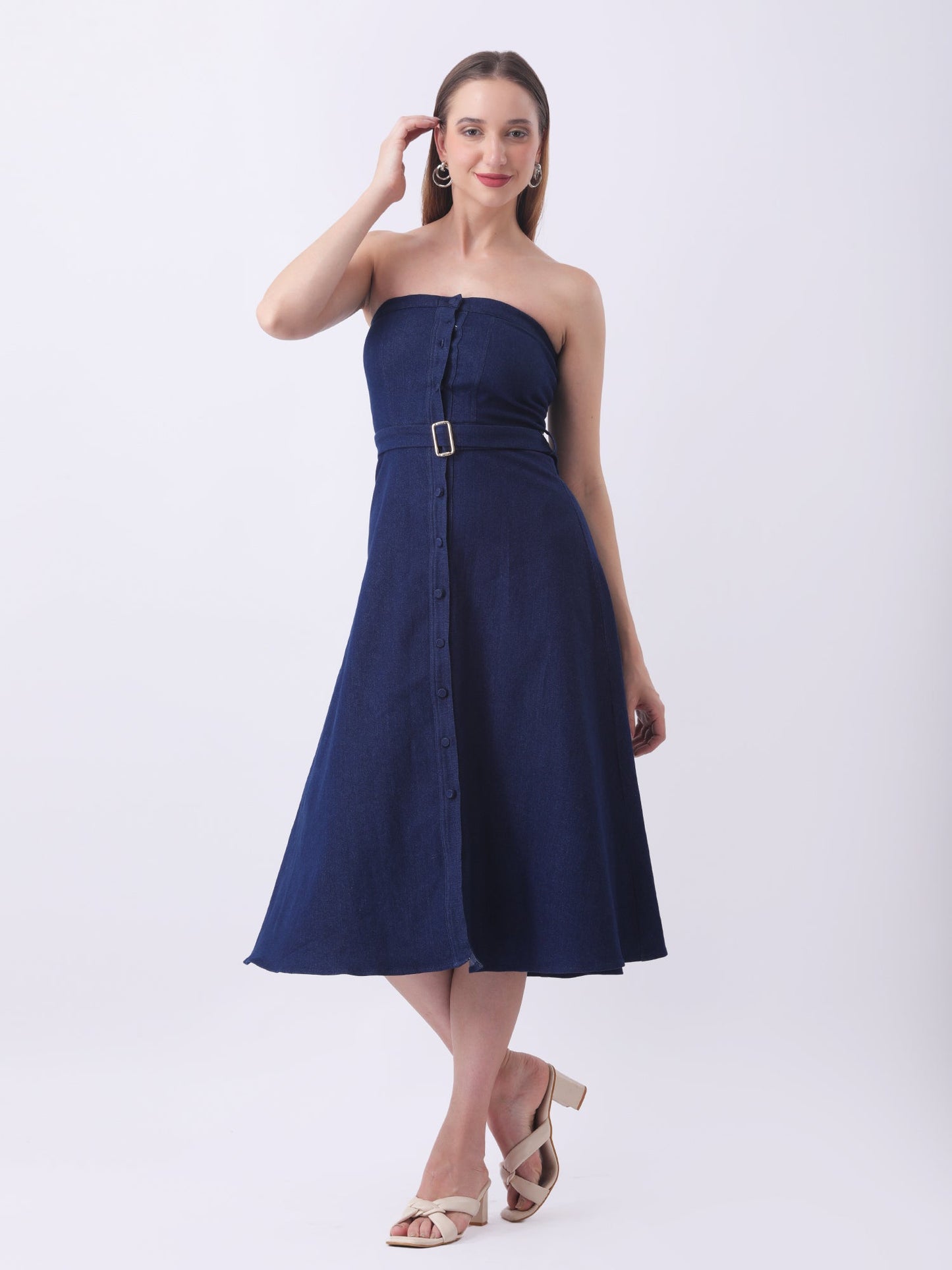 Gaiia Strapless Belted Denim Dress - Navy