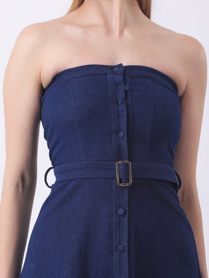 Gaiia Strapless Belted Denim Dress - Navy