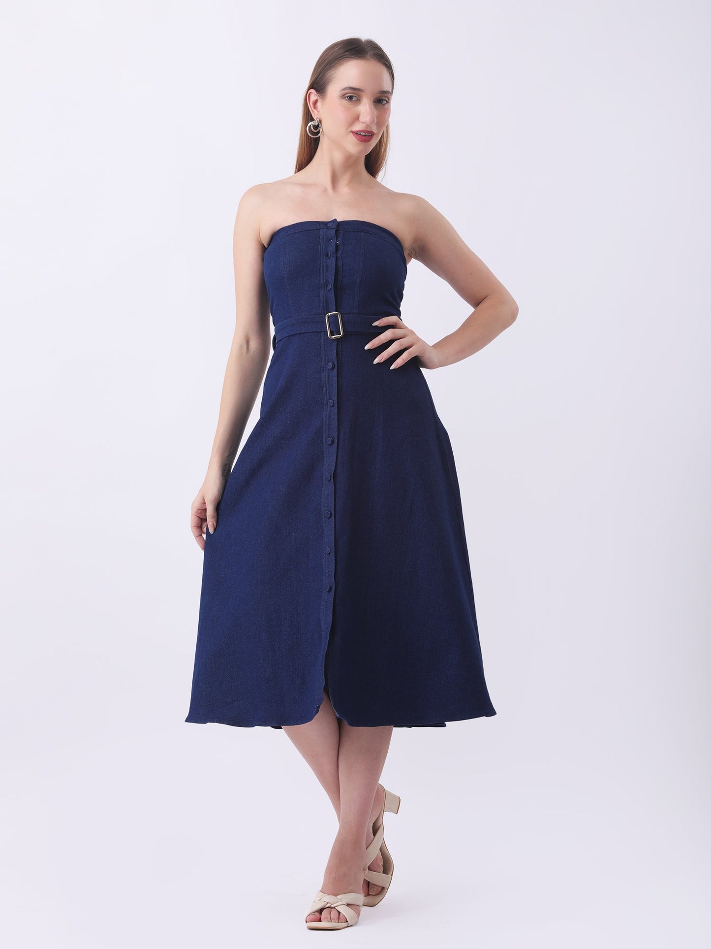 Gaiia Strapless Belted Denim Dress - Navy