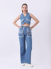 Gaiia Denim Buttoned Utility Co-Ord Set - Dark Blue