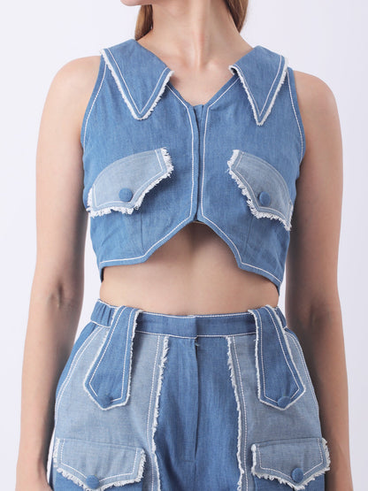 Gaiia Denim Buttoned Utility Co-Ord Set - Dark Blue