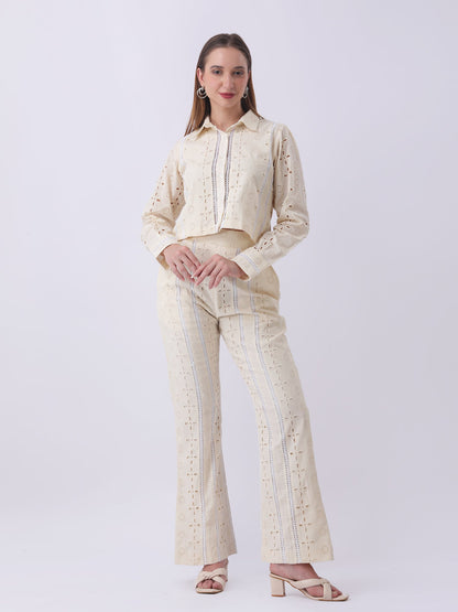 Gaiia Vertical Eyelet Lace Trouser Suit - Beige