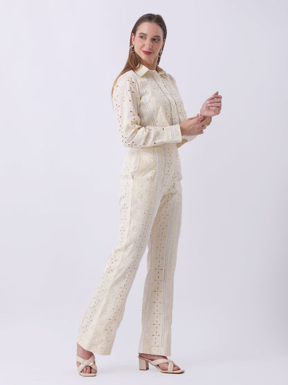 Gaiia Vertical Eyelet Lace Trouser Suit - Beige