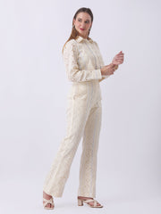 Gaiia Vertical Eyelet Lace Trouser Suit - Beige