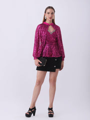 Gaiia Layered Sequin Top With Crystal Trim - Pink