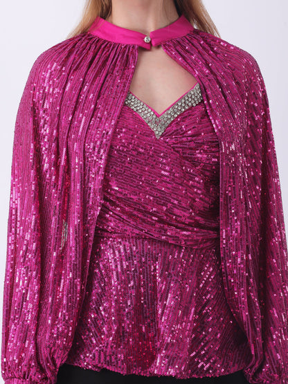 Gaiia Layered Sequin Top With Crystal Trim - Pink