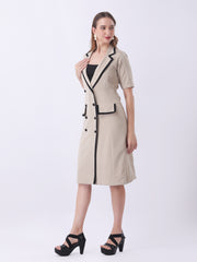 Gaiia Contrast-Trim Tuxedo Dress - Beige