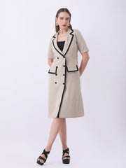 Gaiia Contrast-Trim Tuxedo Dress - Beige