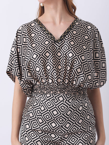 Gaiia Geometric Print Blouson Co-Ords - Beige