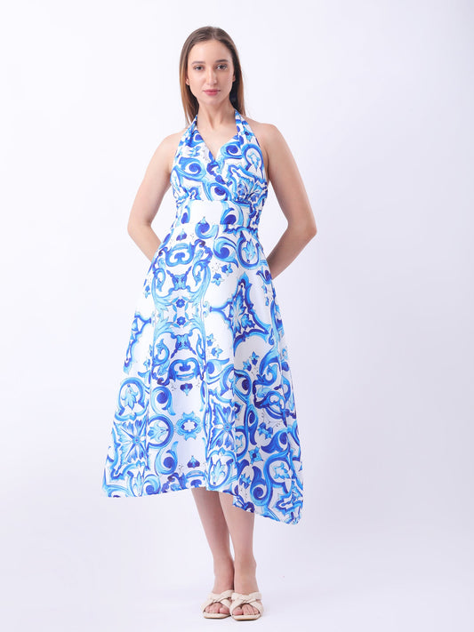 Gaiia Halter Neck Short Summer Dress - Blue