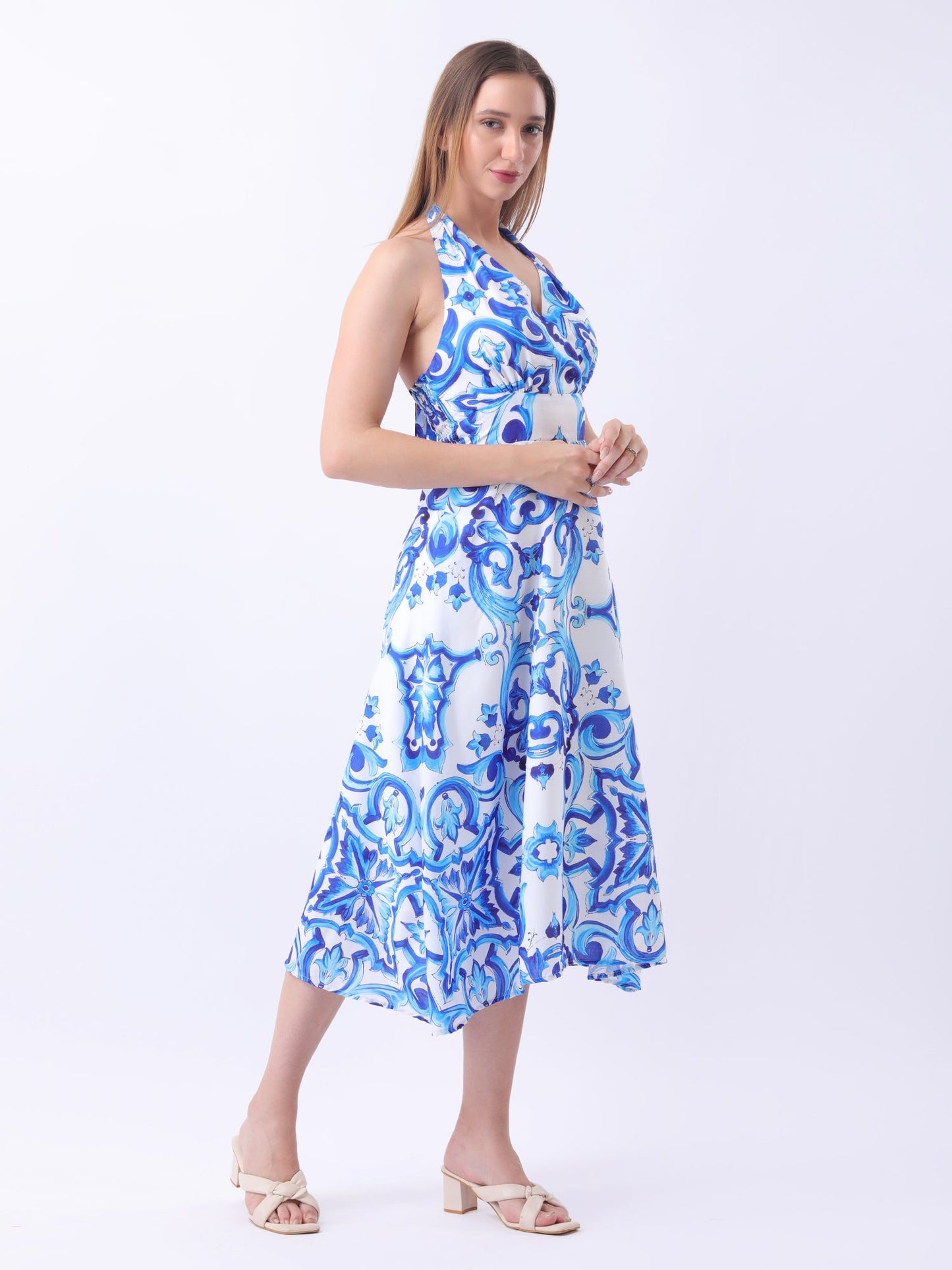 Gaiia Halter Neck Short Summer Dress - Blue