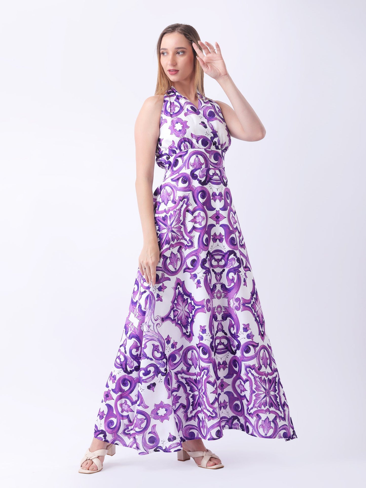 Gaiia Halter Neck Short Summer Dress - Purple