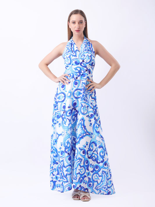 Gaiia Halter Neck Short Summer Dress - Blue