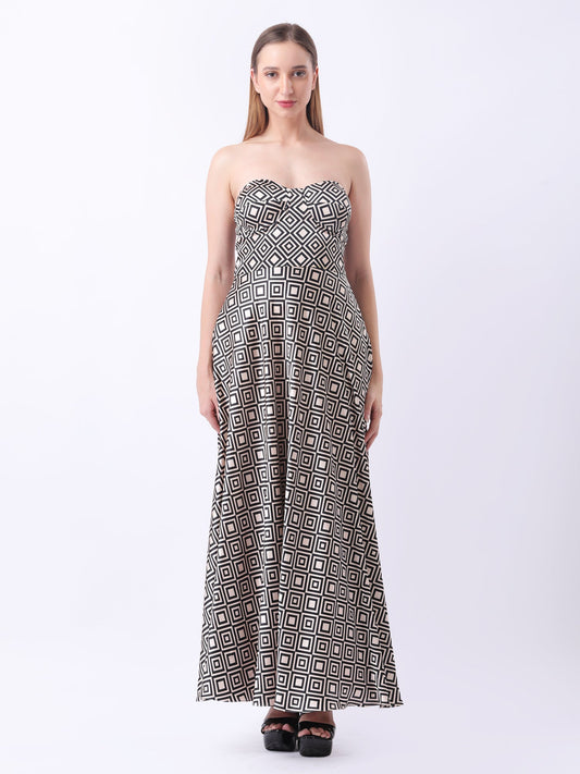 Gaiia Satin Printed Corset Dress - Beige