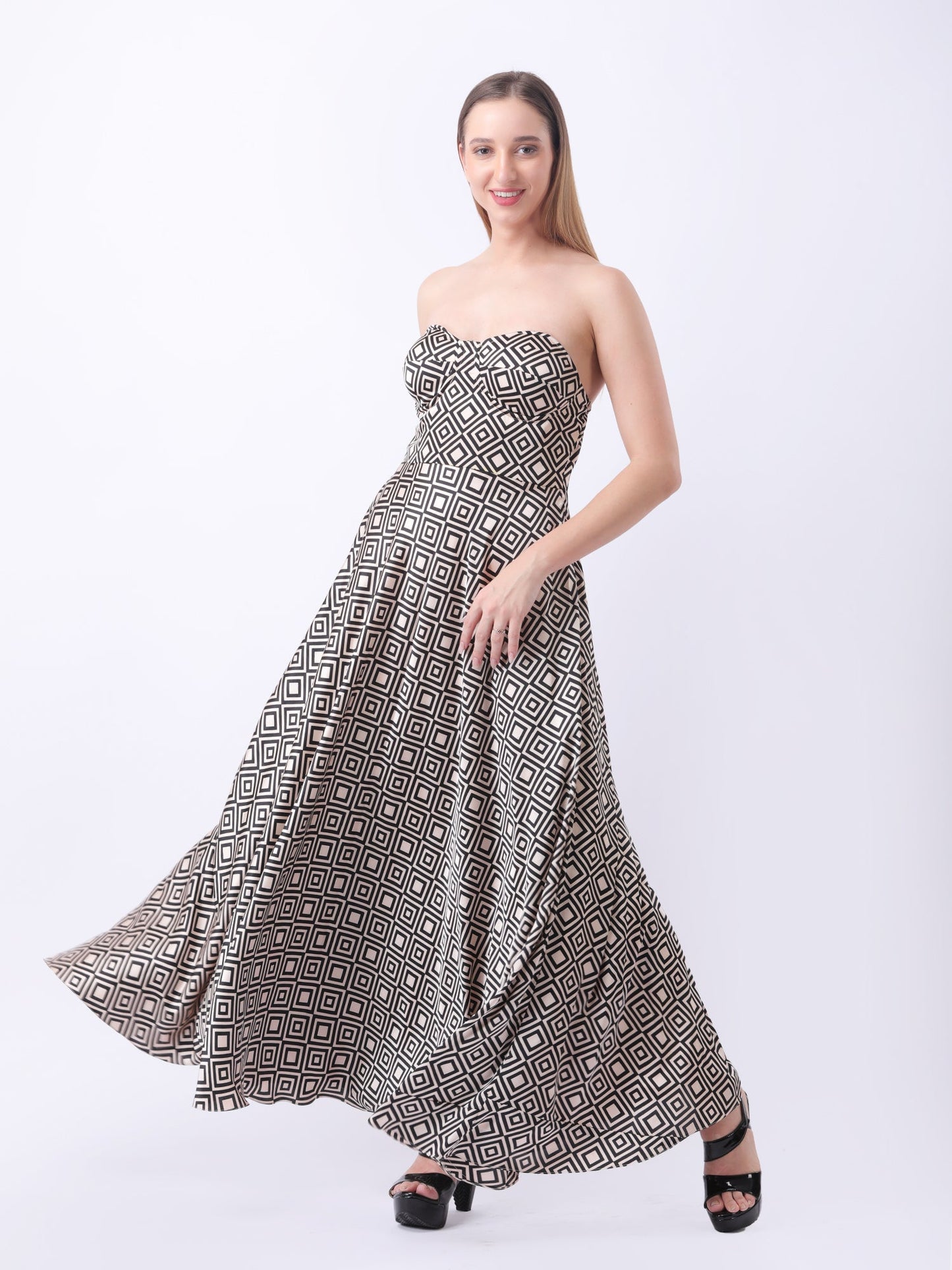 Gaiia Satin Printed Corset Dress - Beige