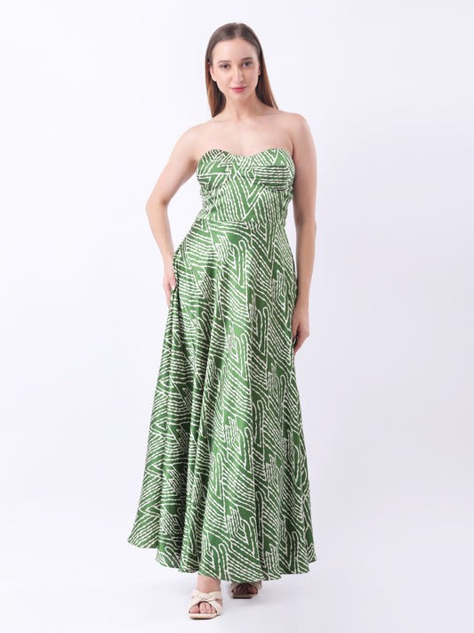 Gaiia Satin Printed Corset Dress - Green