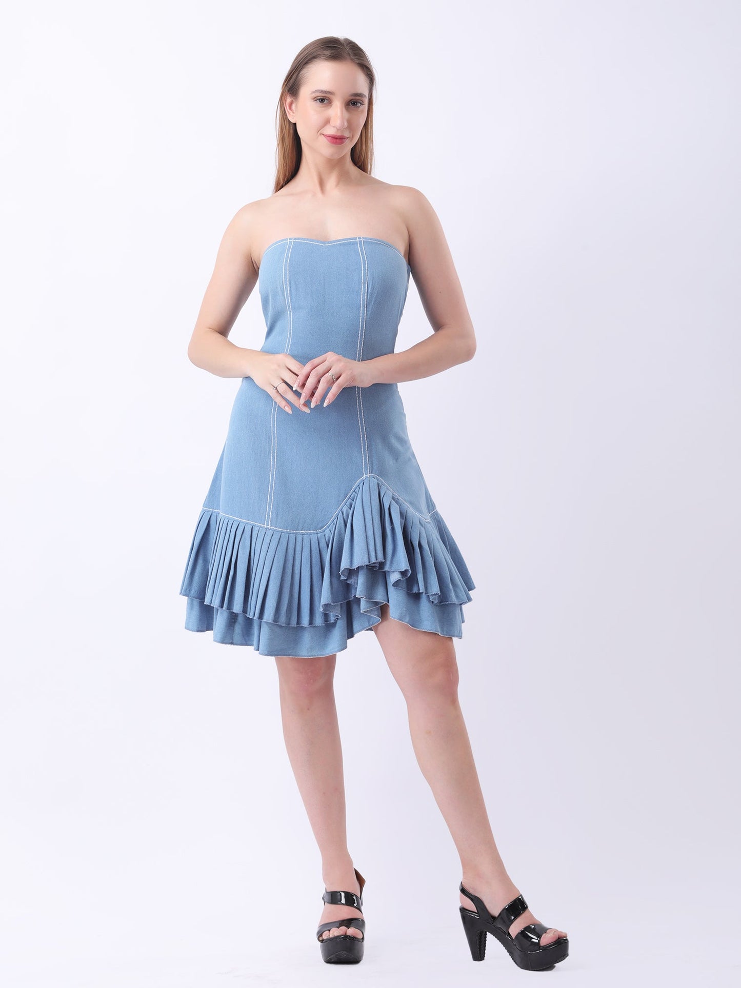 Gaiia Strapless Denim Ruffle Hem Dress - Blue