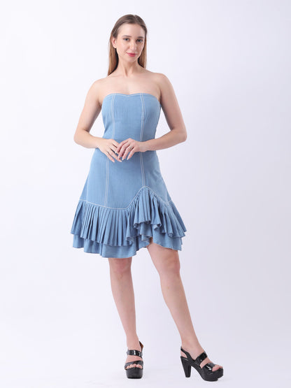 Gaiia Strapless Denim Ruffle Hem Dress - Blue