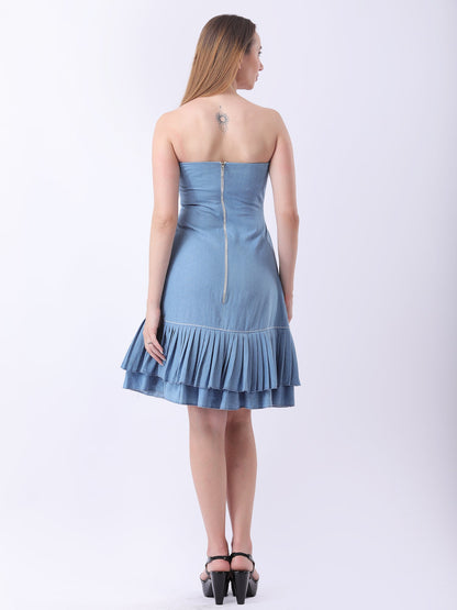 Gaiia Strapless Denim Ruffle Hem Dress - Blue