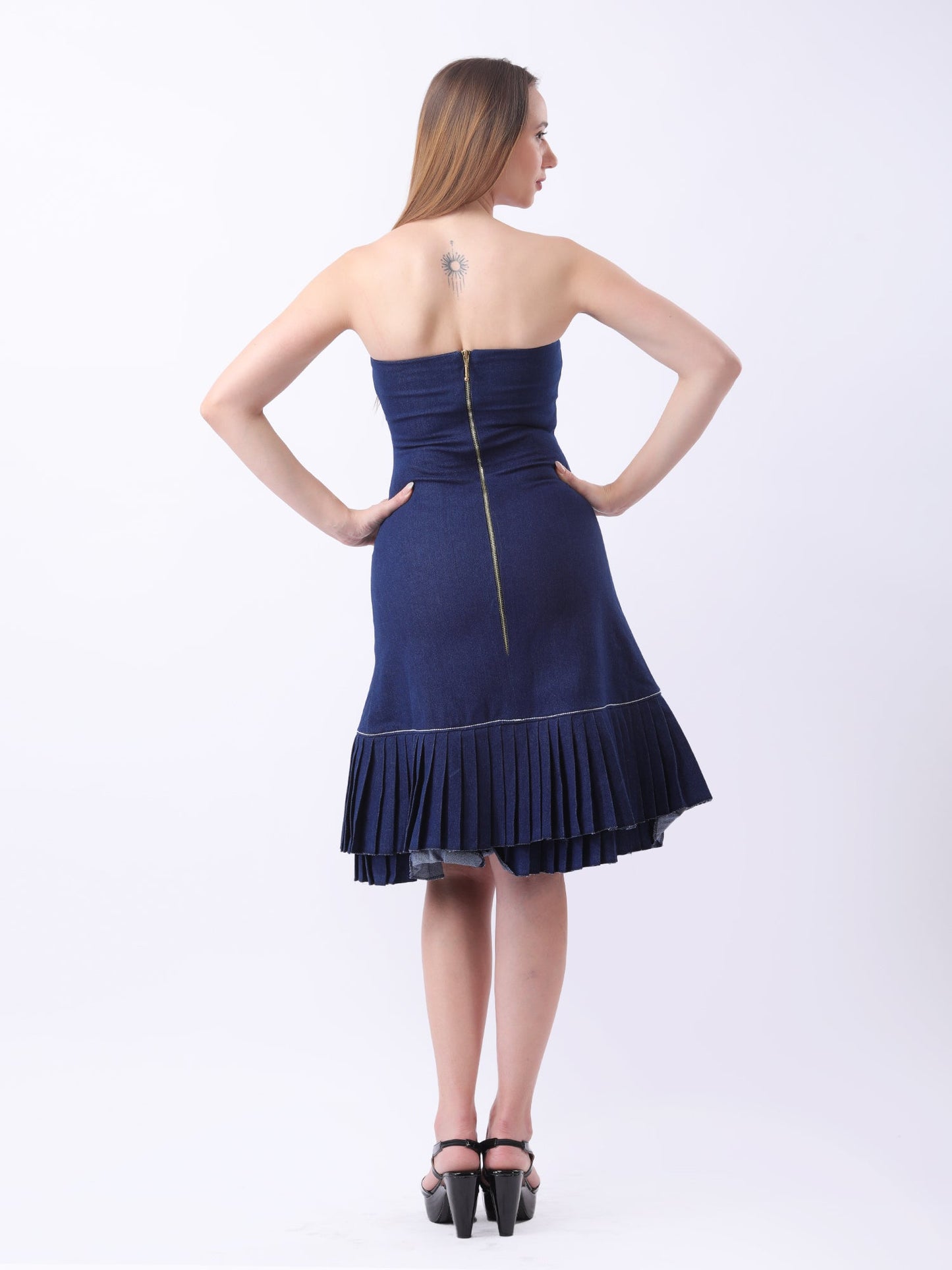 Gaiia Strapless Denim Ruffle Hem Dress - Navy
