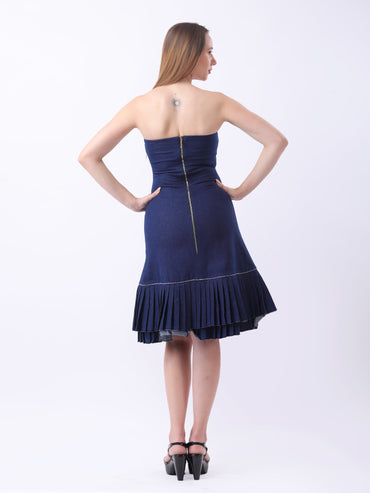 Gaiia Strapless Denim Ruffle Hem Dress - Navy