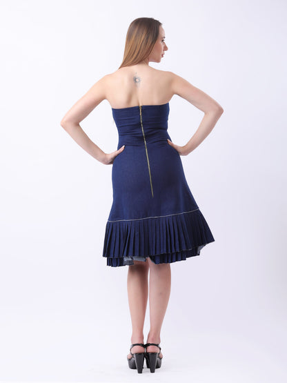 Gaiia Strapless Denim Ruffle Hem Dress - Navy