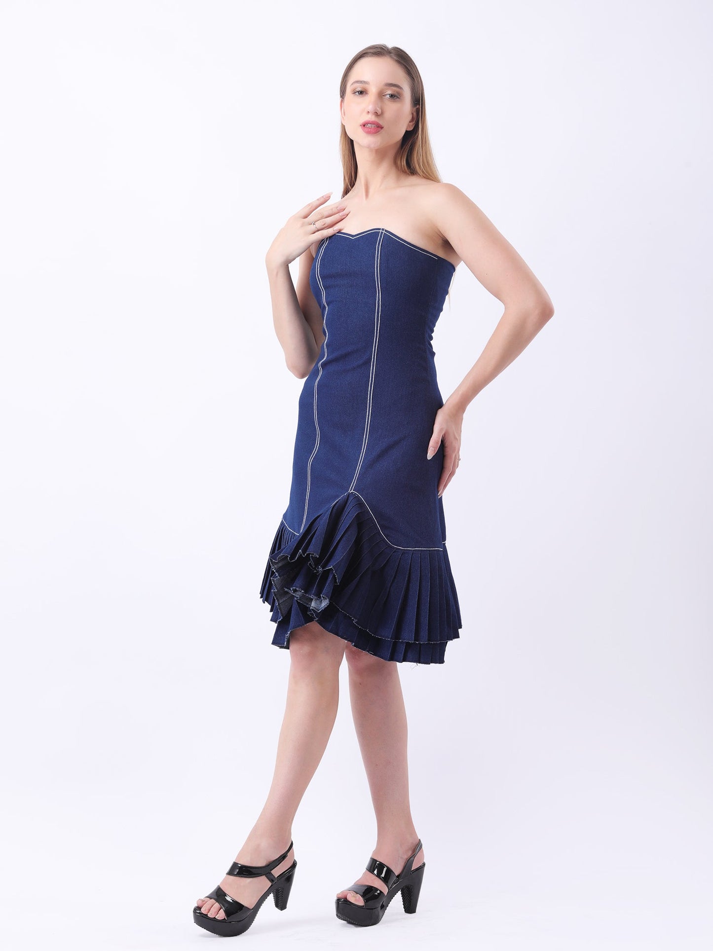 Gaiia Strapless Denim Ruffle Hem Dress - Navy