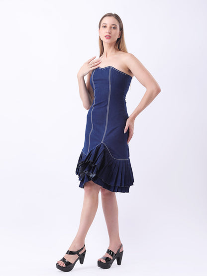 Gaiia Strapless Denim Ruffle Hem Dress - Navy