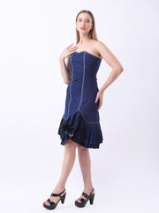 Gaiia Strapless Denim Ruffle Hem Dress - Navy
