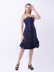 Gaiia Strapless Denim Ruffle Hem Dress - Navy