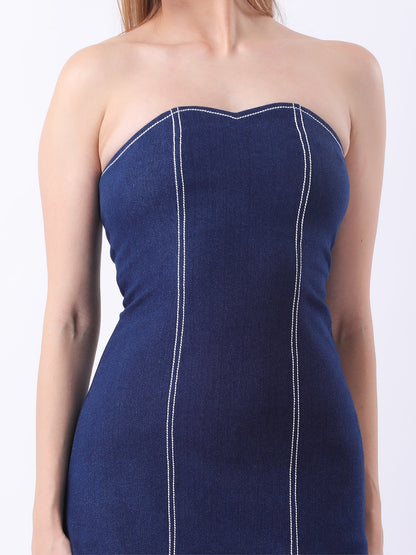 Gaiia Strapless Denim Ruffle Hem Dress - Navy