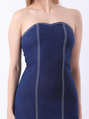 Gaiia Strapless Denim Ruffle Hem Dress - Navy