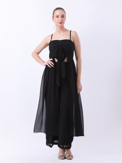 Gaiia Tie-Front Top With Sheer Overlay & Trousers - Black