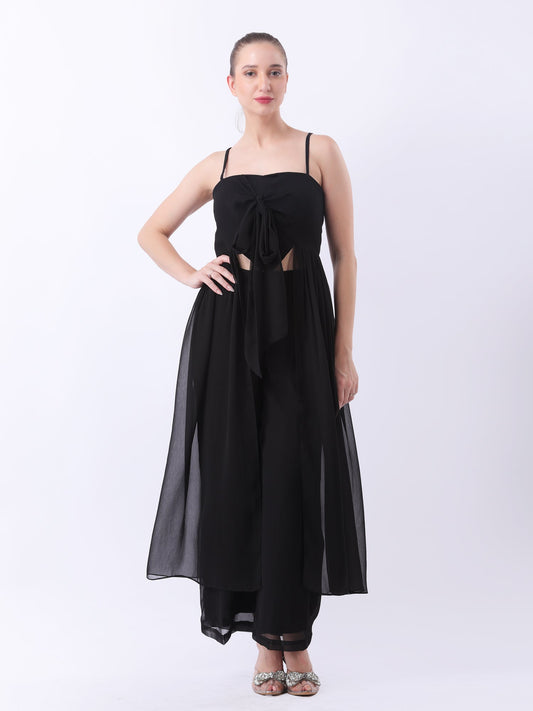 Gaiia Tie-Front Top With Sheer Overlay & Trousers - Black