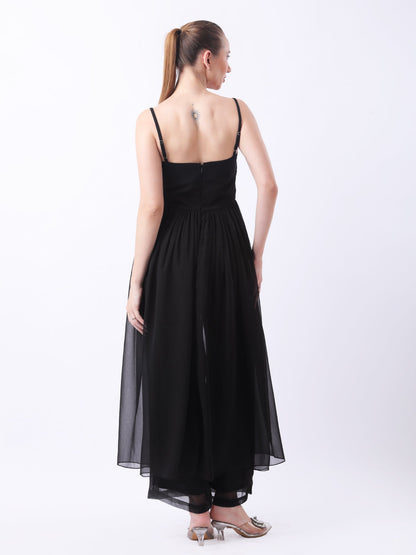Gaiia Tie-Front Top With Sheer Overlay & Trousers - Black