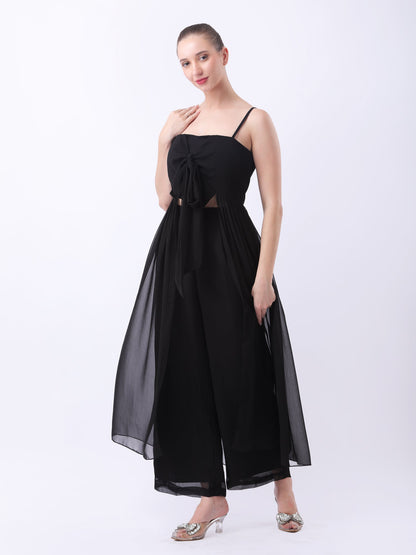 Gaiia Tie-Front Top With Sheer Overlay & Trousers - Black