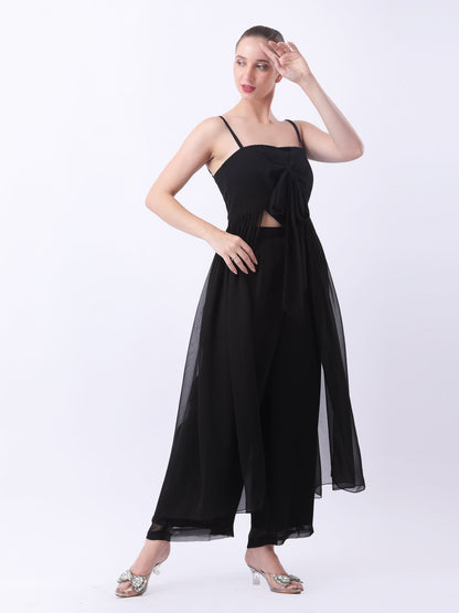 Gaiia Tie-Front Top With Sheer Overlay & Trousers - Black