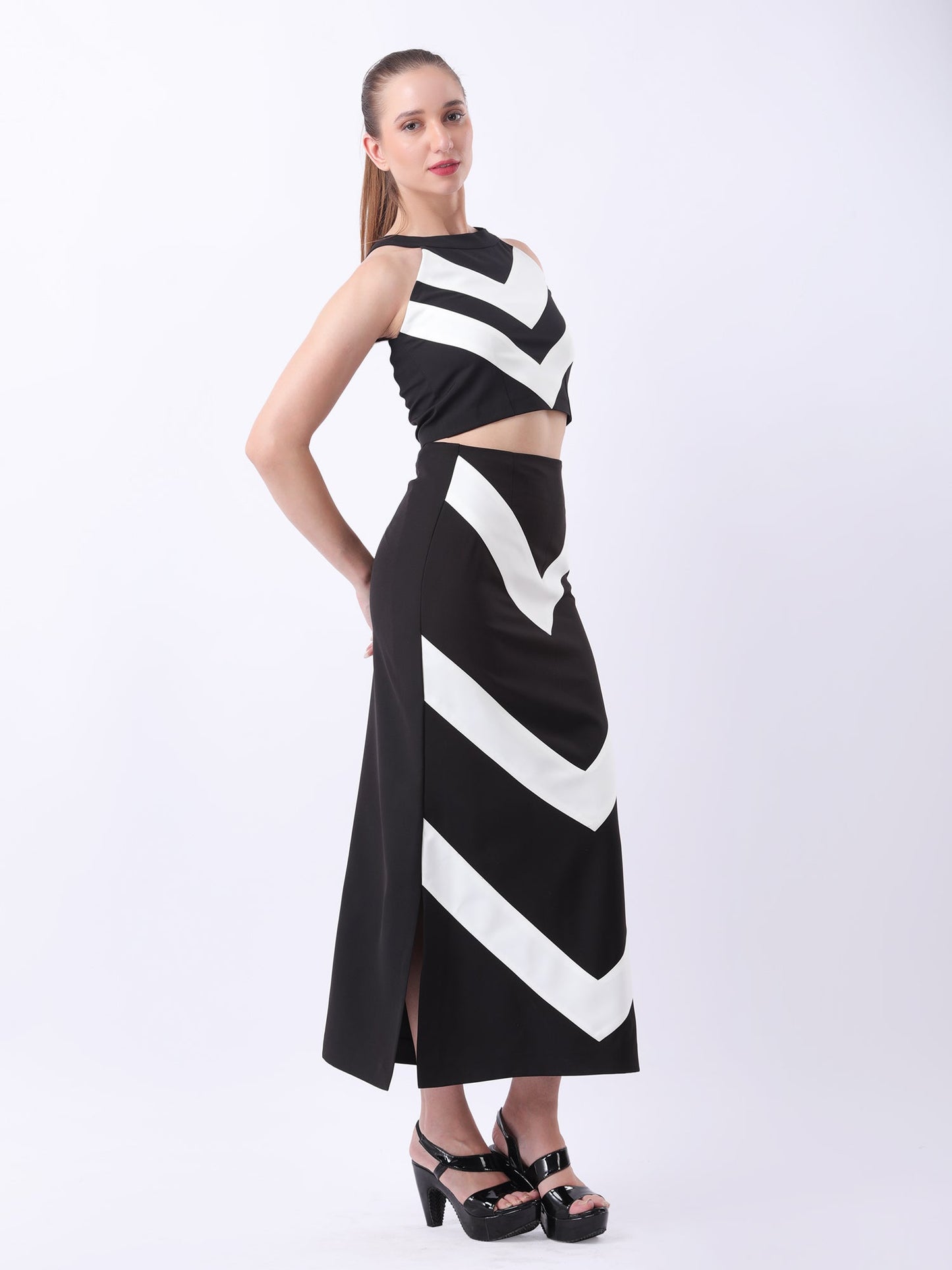 Gaiia Chevron-Stripe Two-Piece Maxi Set - Black