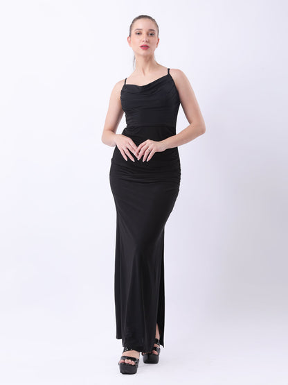 Gaiia Cowl Neck Ruched Maxi Gown - Black