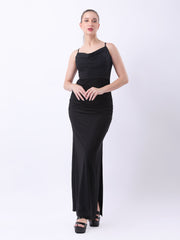 Gaiia Cowl Neck Ruched Maxi Gown - Black