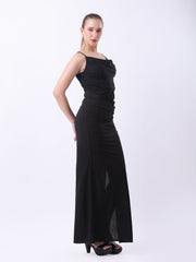 Gaiia Cowl Neck Ruched Maxi Gown - Black