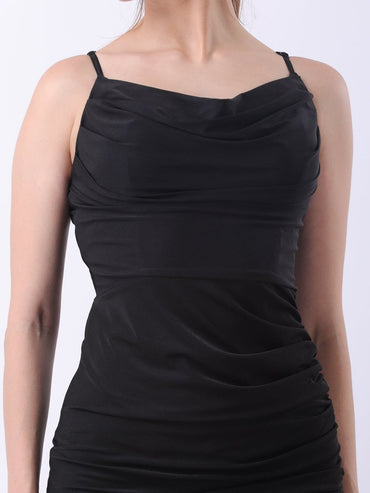 GAIIA-Cowl Neck Sleeveless Ruched Gown